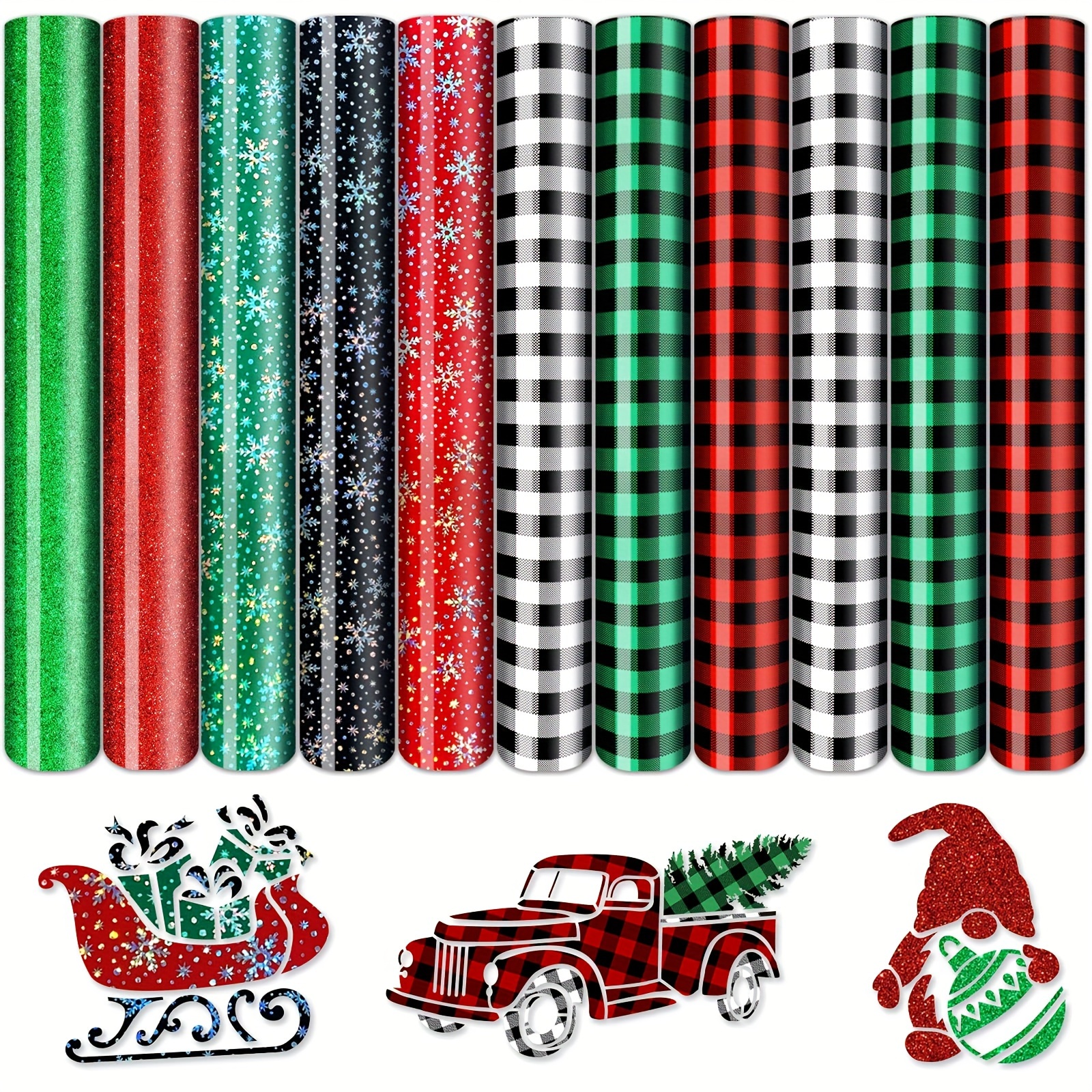 

Christmas Heat Transfer Vinyl Bundle, 11 Sheets - Buffalo Plaid & Holographic Snowflake Vinyl For Cricut & Silhouette Cameo - Assorted Colors Festive Iron-on Transfer Film, 12x10 Inch