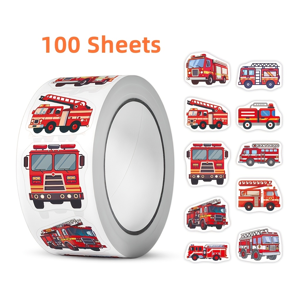 Image of 1 Roll/100 Sheets Of Fire Truck And Firefighter Stickers - Self-adhesive High- Truck Stickers, Suitable For Gift Bags, Envelope Seals, Party Decorations, And Office Supplies