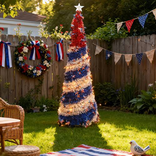 july 4th american foldable 5ft display tree led light string with red blue and stripes theme decoration day themed blue christmas tree gift for friends summer gift party gift