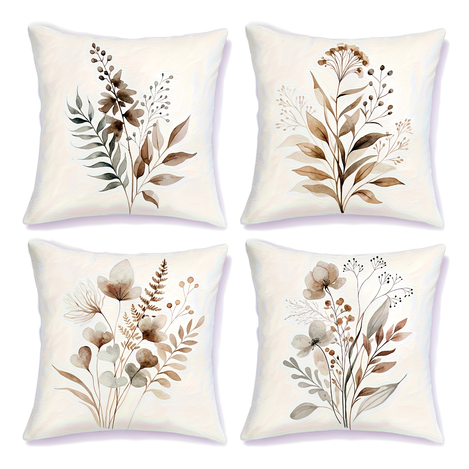 TEMU 4 Fundas de Almohada Estilo Bohemio y Minimalista, con Diseños Elegantes de Flores y Hojas en Marrón, Beige y Verde, Cierre con Cremallera,