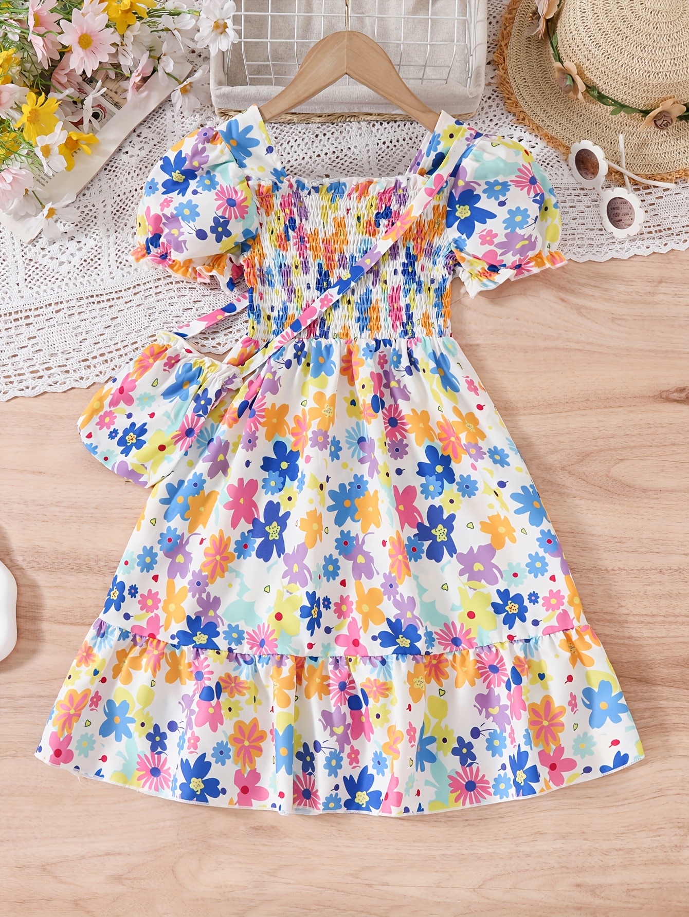 Girls' Summer Casual Floral Print Dress Short Sleeve Knee-Length Hem,  Lightweight Breathable Machine-Washable Outfit for Outdoor Activities