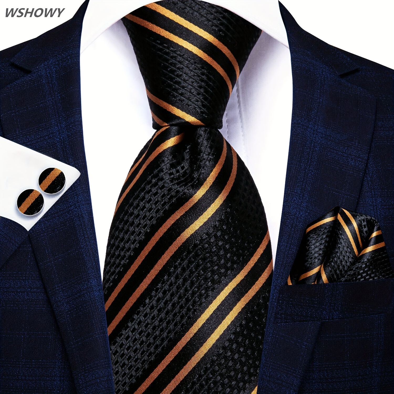 

1set Black Golden Striped Silk Tie Set, Necktie & Handkerchief & Cufflinks Set, Father's Day Gift