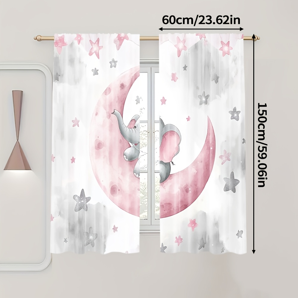 TEMU 2pcs, Cute Cartoon Print Curtains, Cute Elephants On Clouds And Moon, Polyester, For Bedroom, Playroom, Kitchen, Cafe, (without Rod)