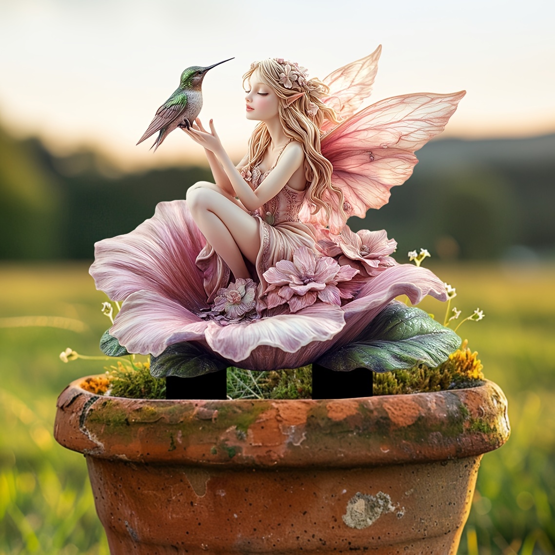 

12in/30cm Acrylic Fairy Garden Statue: A Whimsical Outdoor Decoration Featuring A Delicate Fairy And A Hummingbird