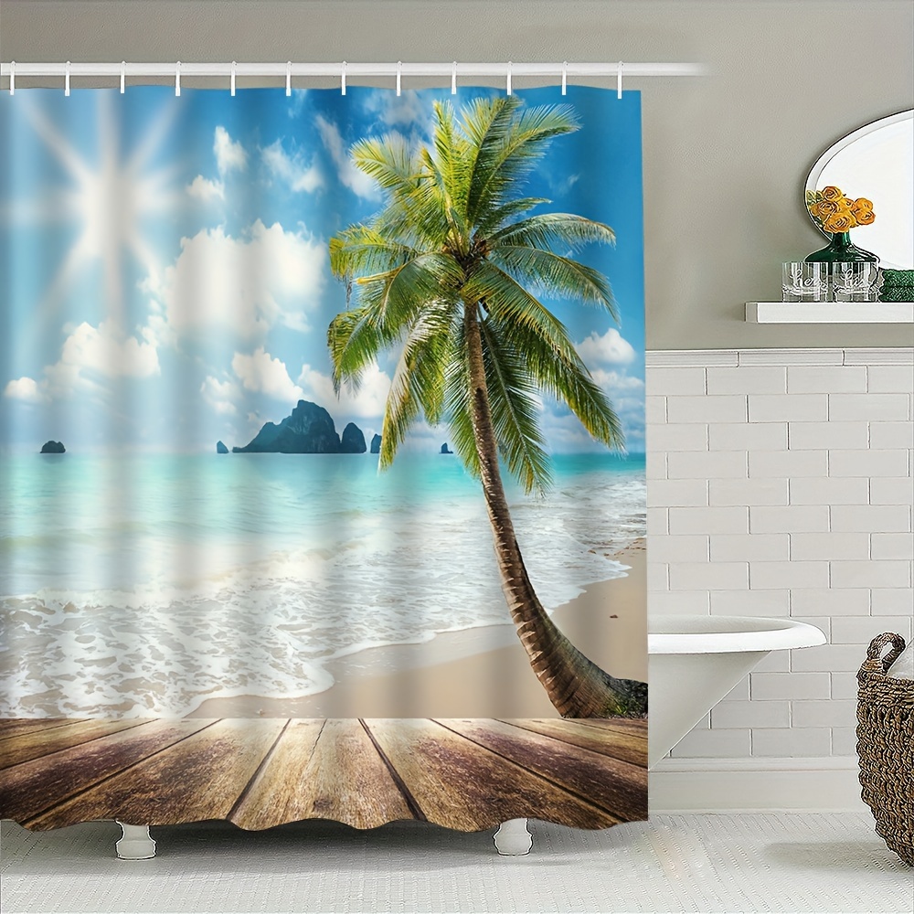 

Ocean Bliss: Waterproof Beach & Coconut Tree Shower Curtain - Durable, Machine Washable Bathroom Decor With Privacy Window Cover