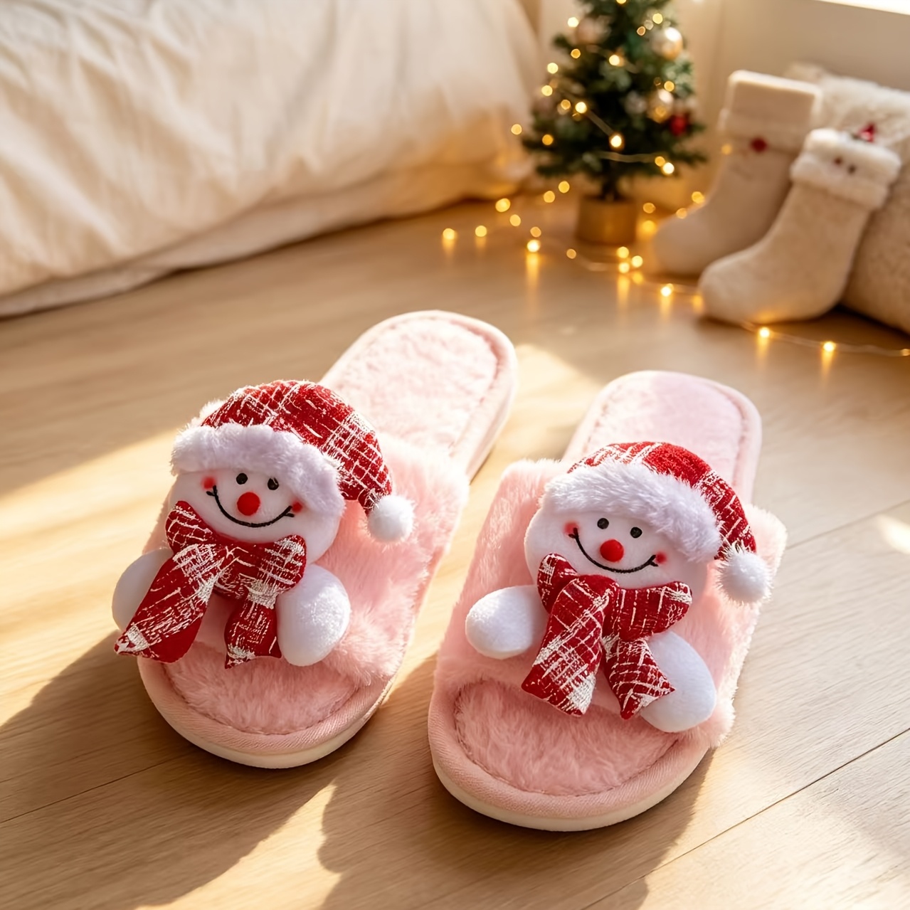 TEMU Christmas Women's Home Autumn/winter Gift Snowman Furry Slippers, Indoor Slippers, Men's And Women's Couple's House Slippers, Women Shoes
