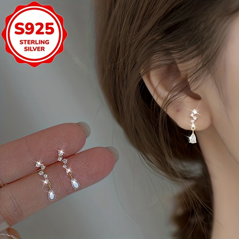 Women's S925 Silver French-Style Teardrop Tassel Stud Earrings