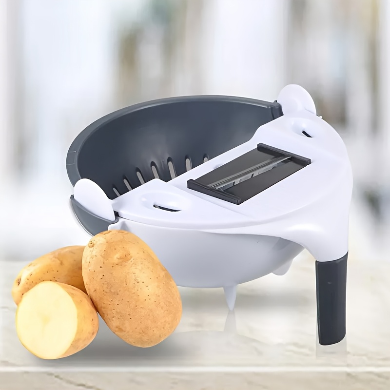 1  functional 9 in 1 plastic vegetable cutter and strainer basket with detachable blade non slip handle and   design for shredding slicing and draining kitchen gadget for potatoes carrots onions details 0