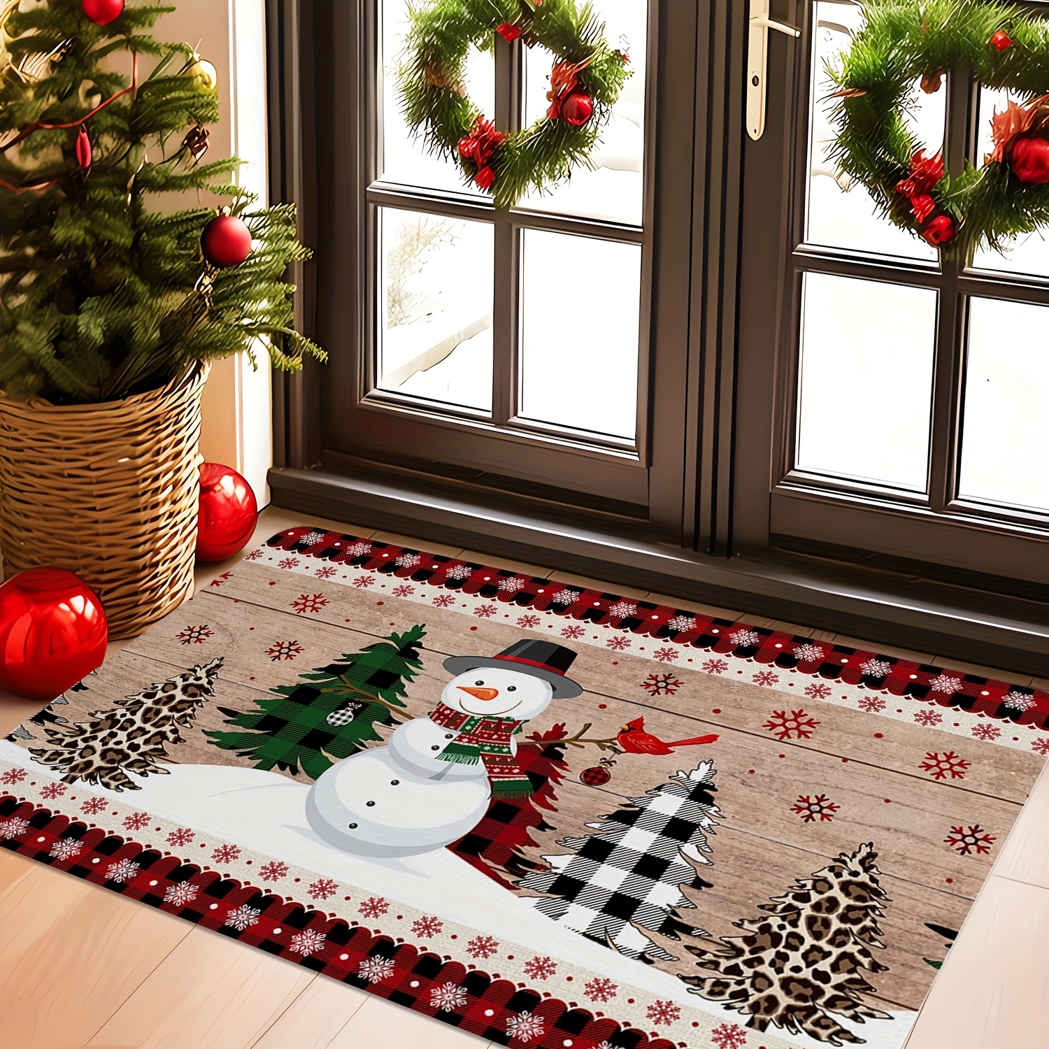 TEMU A Christmas-themed Doormat Featuring A Snowman Print, Oversized And Washable, Designed For Rvs, Suitable For Indoor And Outdoor Use, Perfect For