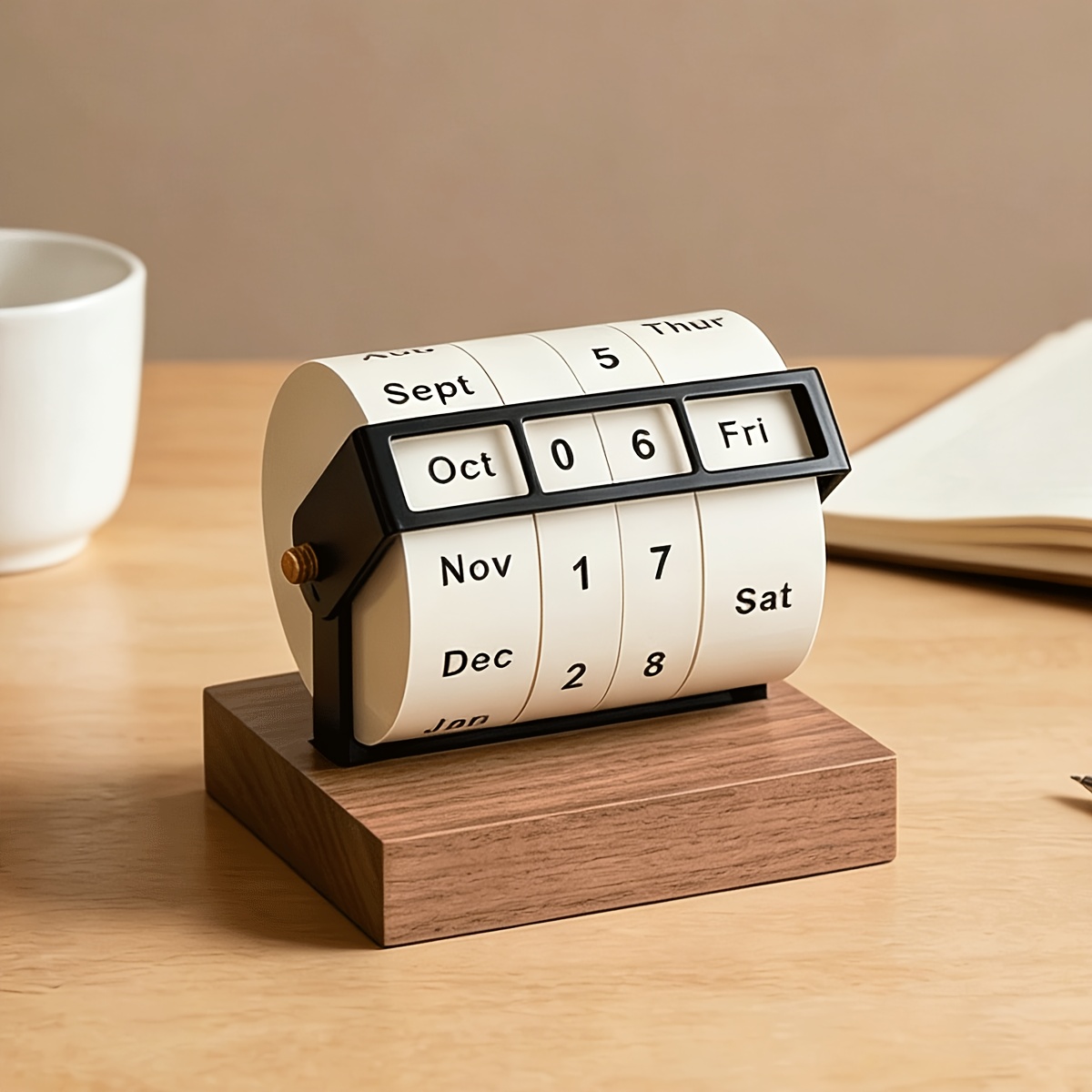 TEMU Fewmwat Vintage Mechanical Perpetual Calendar With Solid Wood Base - View Suitable For Home Office Desk, Month/day Indicator, Holiday Countdown