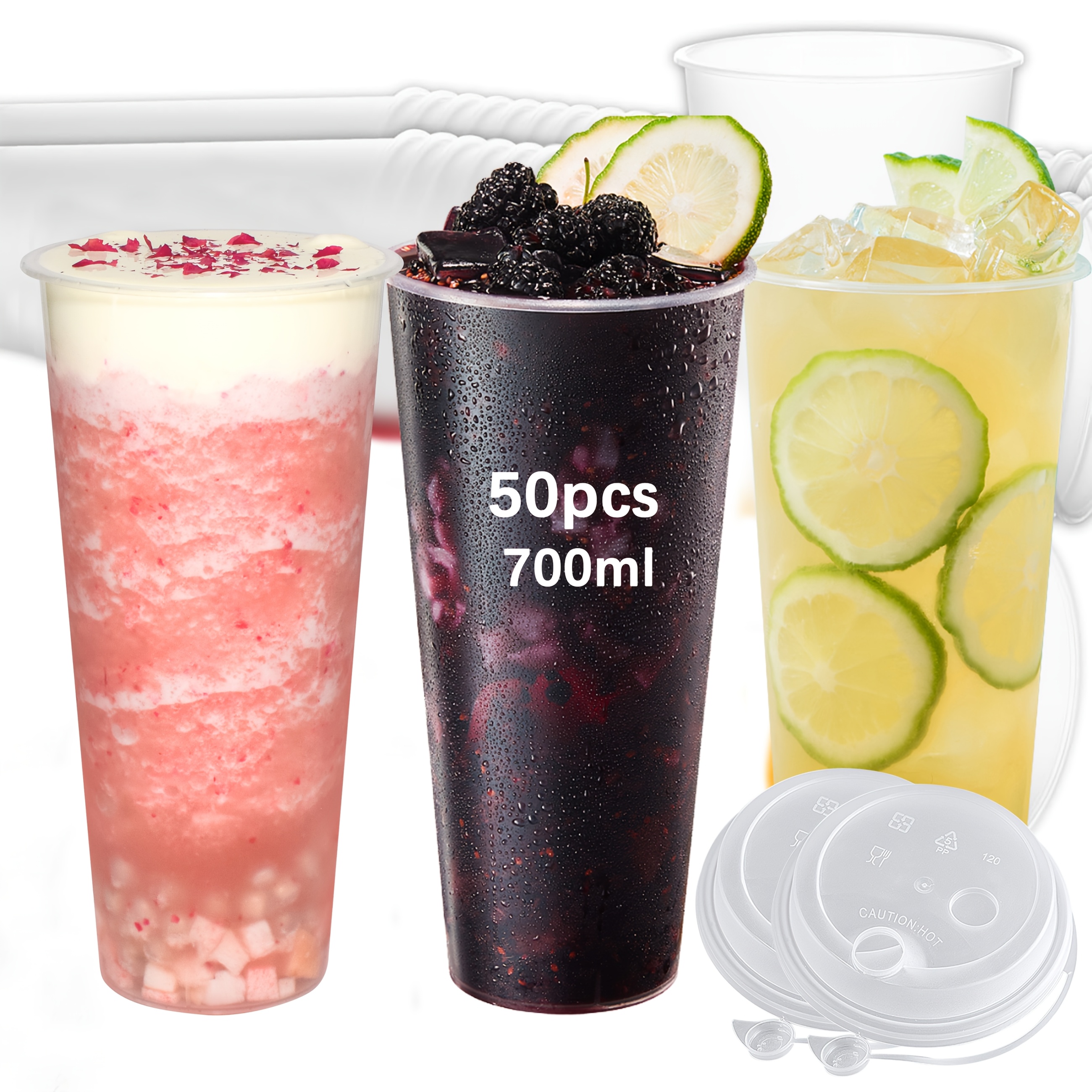 TEMU Disponible en paquets de 25 ou 50 : Gobelets en plastique réutilisables de 700 ml avec couvercles ; Contenants transparents, résistants aux