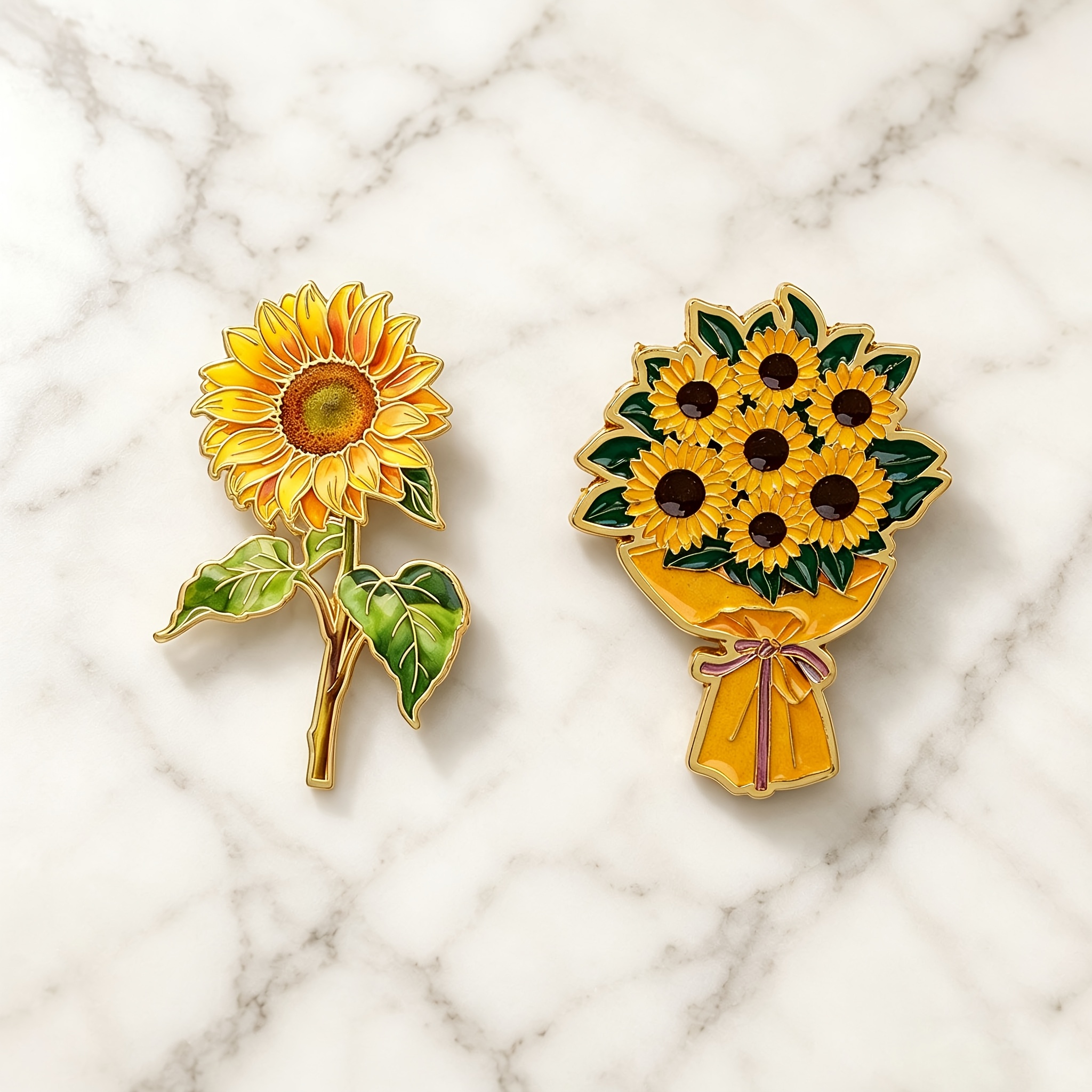 TEMU 2pcs Yellow Sunflower Lacquered Badges, Single Flower And Bouquet Wrapping Lacquered Badges, Coat Sweater Backpack Embellishment Sunshine Style