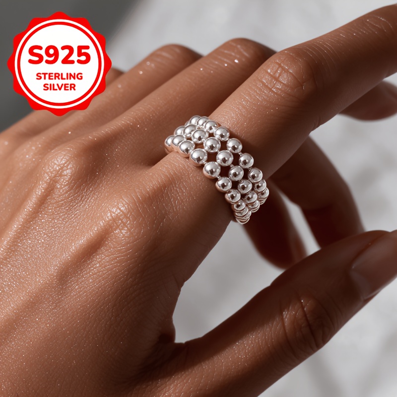 925 Silver Adjustable 3-Layer Beaded Ring, Gift for Couples