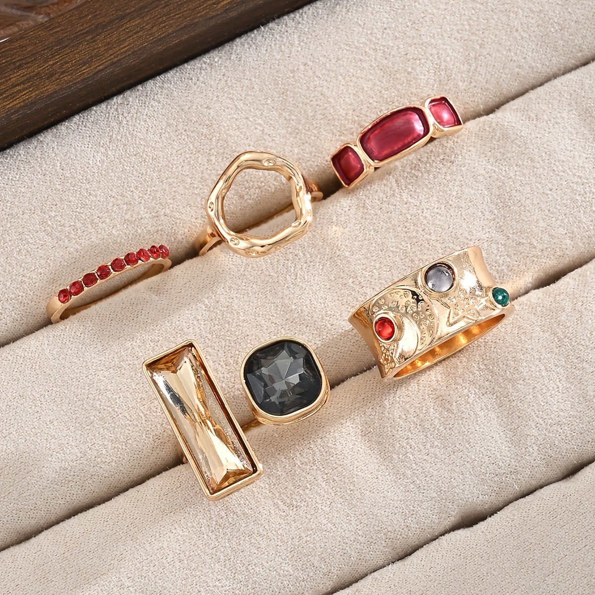 TEMU 5 anillos de moda para mujer, lujosos, elegantes, cuadrados, huecos, coloridos, ancho, irregulares, juego de anillos para mujer, adecuados para
