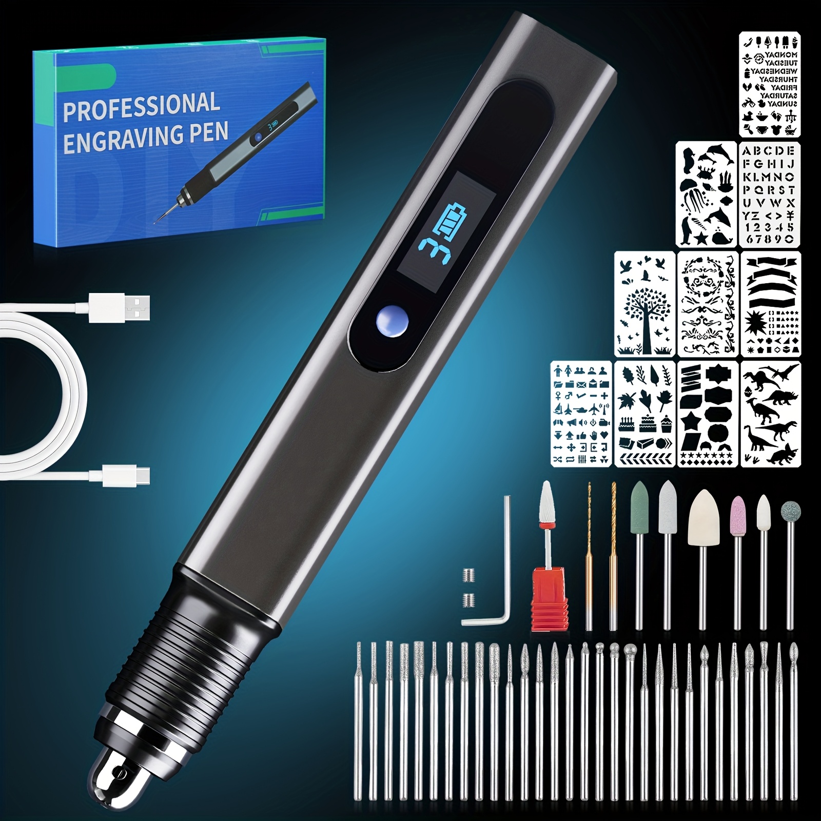 TEMU Professional Electric Engraving Pen Kit Cordless Rotary Tool With 39 Bits And 10 Stencils, Multifunctional Power Tool For Carving, Engraving,