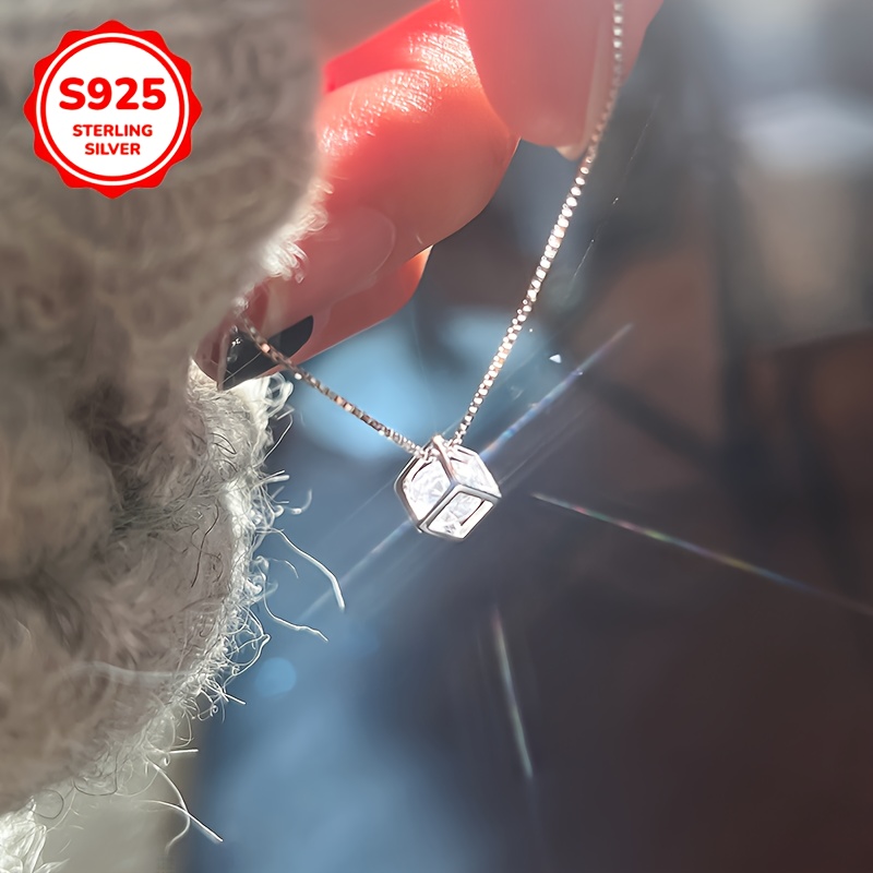 925 Hypoallergenic Sparkling Cube Pendant Necklace, Versatile Gift