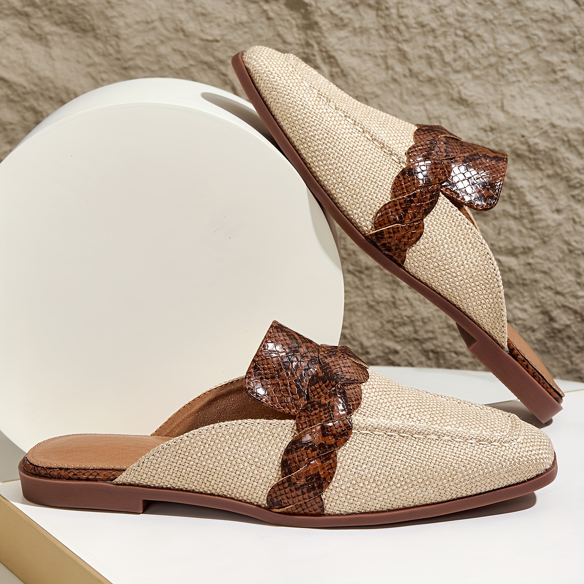 Women's Snake Print Square-Toe Sandals - & Sole Slip- Mules with Snake Scale, Flat Heel Suitable for Summer, Casual to Dressy Wear, for Comfortable Warmth Preservation, Women Shoes