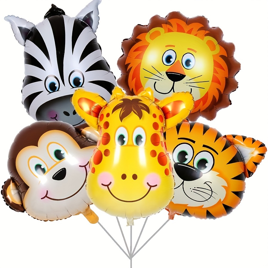 

5pcs, Jungle Wildlife Balloons, Tiger Lion Zebra Monkey Giraffe Foil Balloons, Birthday Party Decorations, Baby Shower Decor, Home Room Decor