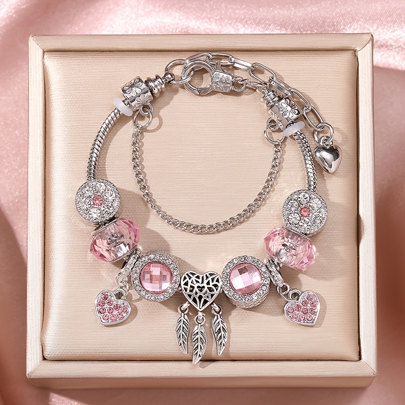 Image of A Women's Bracelet Measuring 18cm/7.09 Inches, Featuring Leaf Tassels And A Pink Heart Pendant. This Elegant Handmade Jewelry Piece Includes Resin Large Hole Beads And An Adjustable Snake Chain