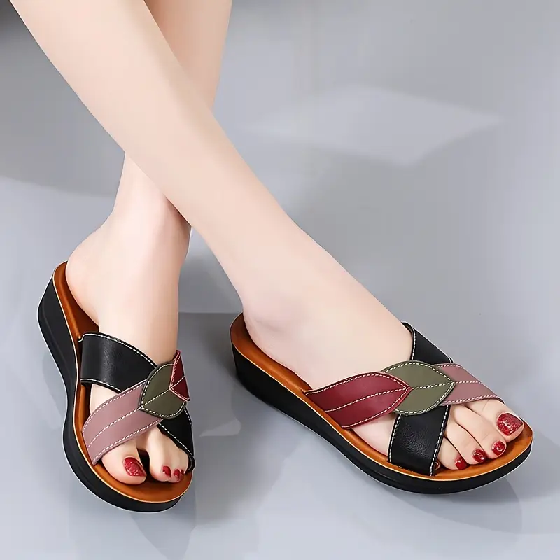 Chanclas Planas Con Tiras Cruzadas Para Mujer, Zapatos Antideslizantes Resistentes Al Desgaste Con Punta Abierta En Bloque De Color, Chanclas Casuales Para Interiores Y Exteriores detalles 2