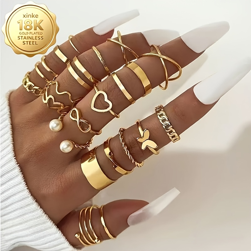 TEMU Ensemble de 22 bagues dorées empilables pour femmes, bagues fines exquises en acier inoxydable 316L plaqué or , chaîne de perles papillon cœur ,