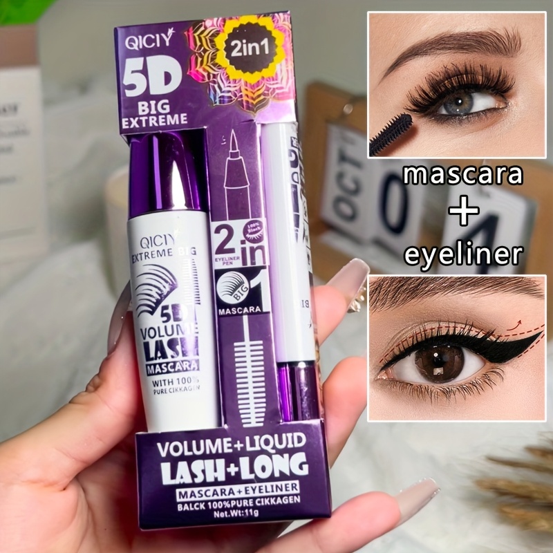 QICI 5D EXTREME 2in1 Mascara + Eyeliner Set - Waterproof, Long-Lasting, Smudge-Proof, Volume & Length Enhancing, Black Liquid Eyeliner with 10ml Brush, 24-Hour Wear, 1pc/2pcs, Beauty Essentials|Bold Eye Makeup|Smudgeproof Liner - Image 2