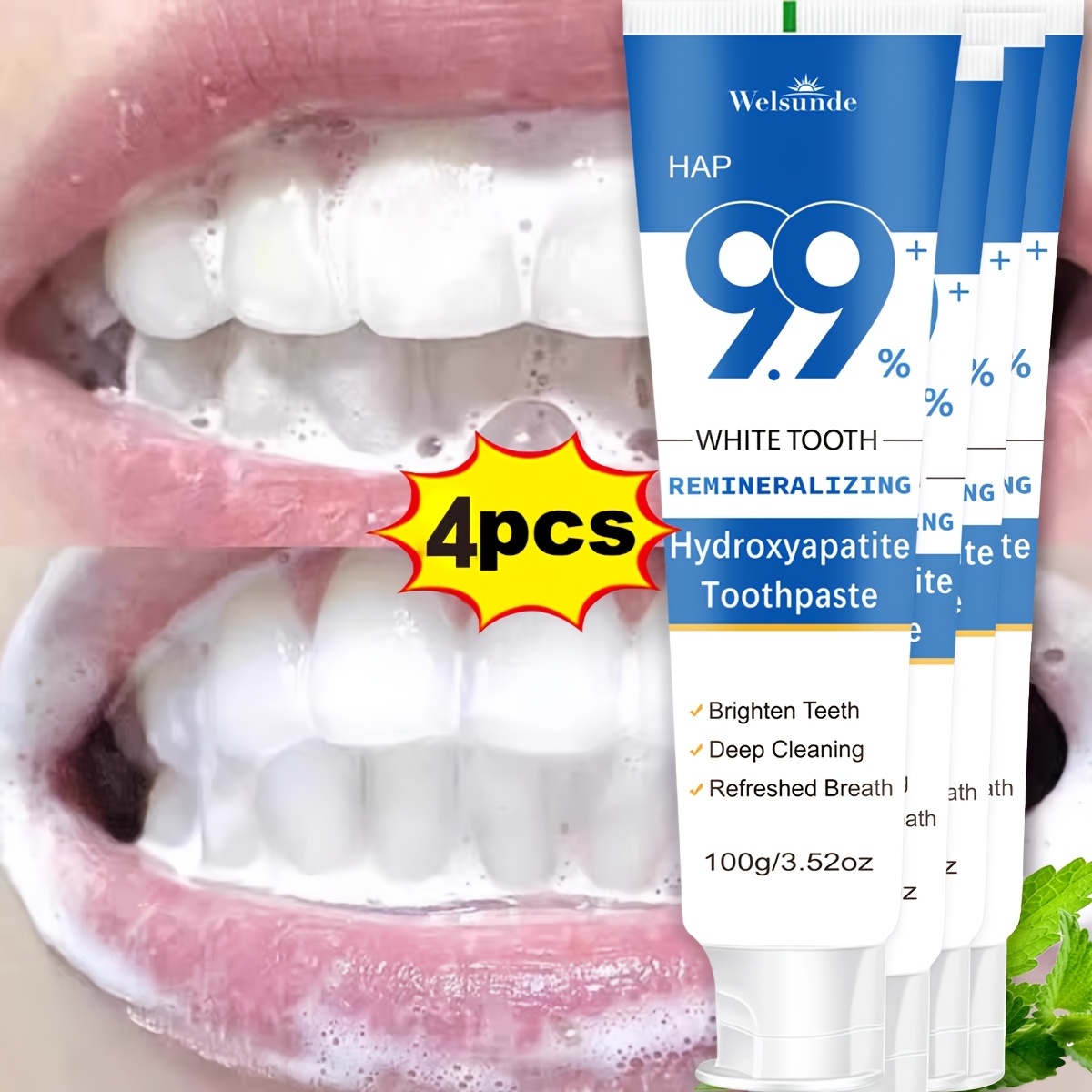 4 Packs Remineralizing Toothpaste, Effect & Deep Cleaning, Polishing & Brightening Teeth, Mint Flavor Helps Keep Breath Fresh, Plaque, Hypoallergenic for Sensitive Teeth, Oral Health & Hygiene, Travel-100g*4, for Everyone Use - Image 2