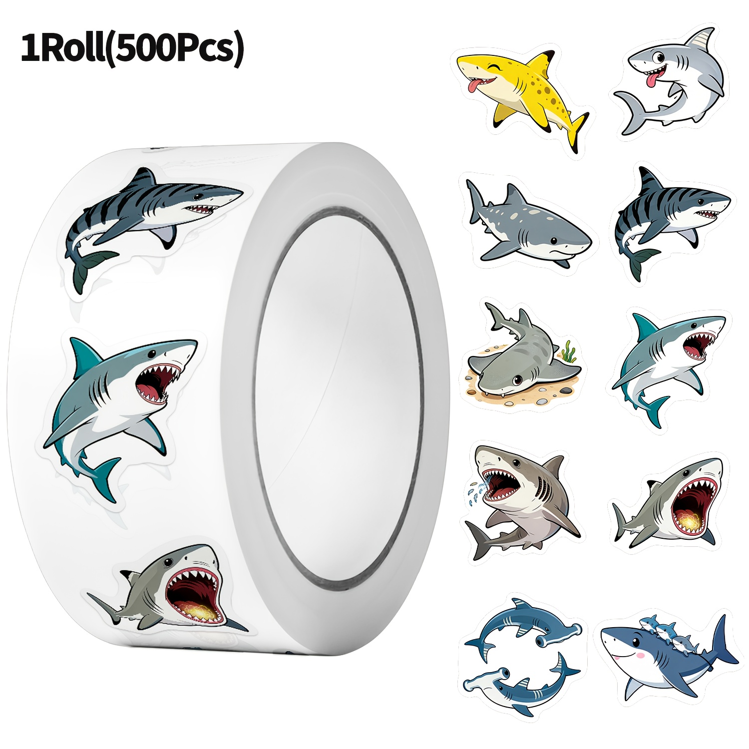 Image of 1roll(500pcs) Cartoon Sharks Irregular Sticker 2.5cm/1.0'' 10 Designs Decals Art Adorning Suitable For Home Decoration Sealing Labels Daily Journal Gift Packaging Supply