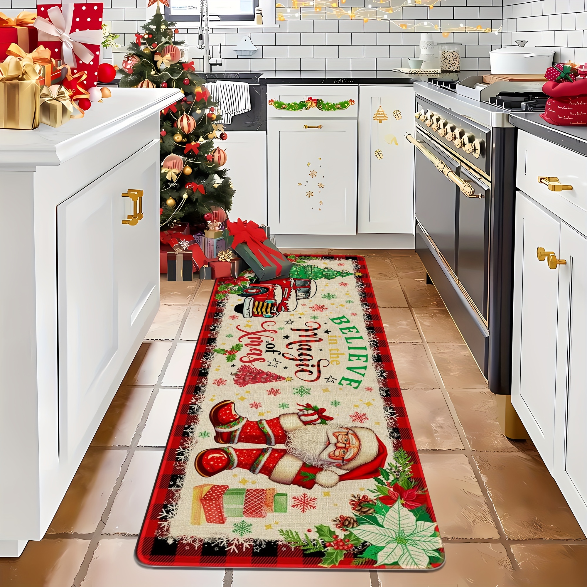 2pcs set christmas themed kitchen floor mats christmas kitchen rugs set of 2 santa claus farmhouse truck red   pattern christmas kitchen decor machine washable great for kitchen home office laundry room bathroom   christmas   flange 0 47 inch floor mat Product details 7