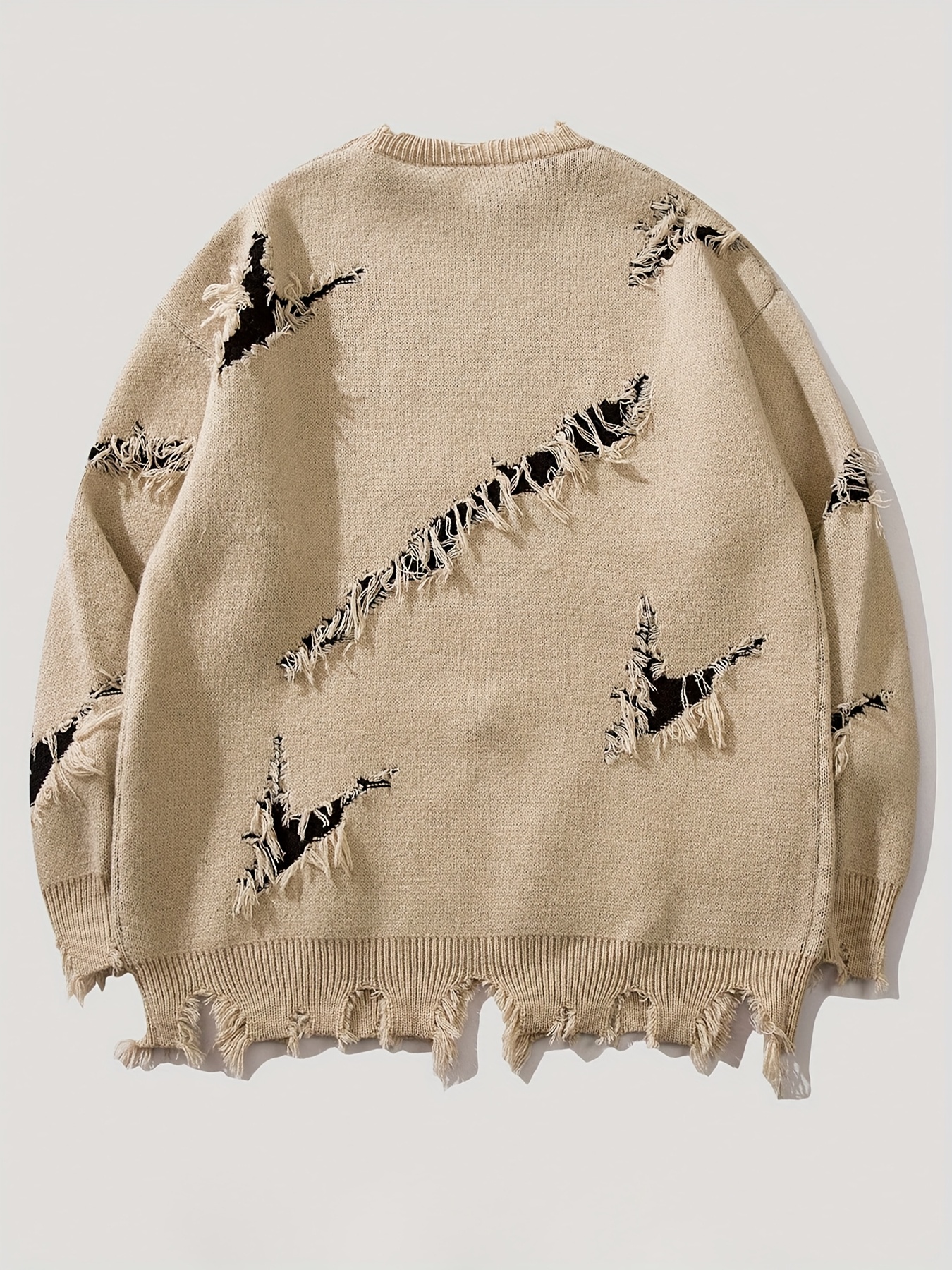 Men'S Casual Crew Neck Knit Sweater with Artistic Graffiti Portrait | Loose Fit, Ripped Details, Long Sleeve, Comfortable Texture for Fall/Winter - Image 9