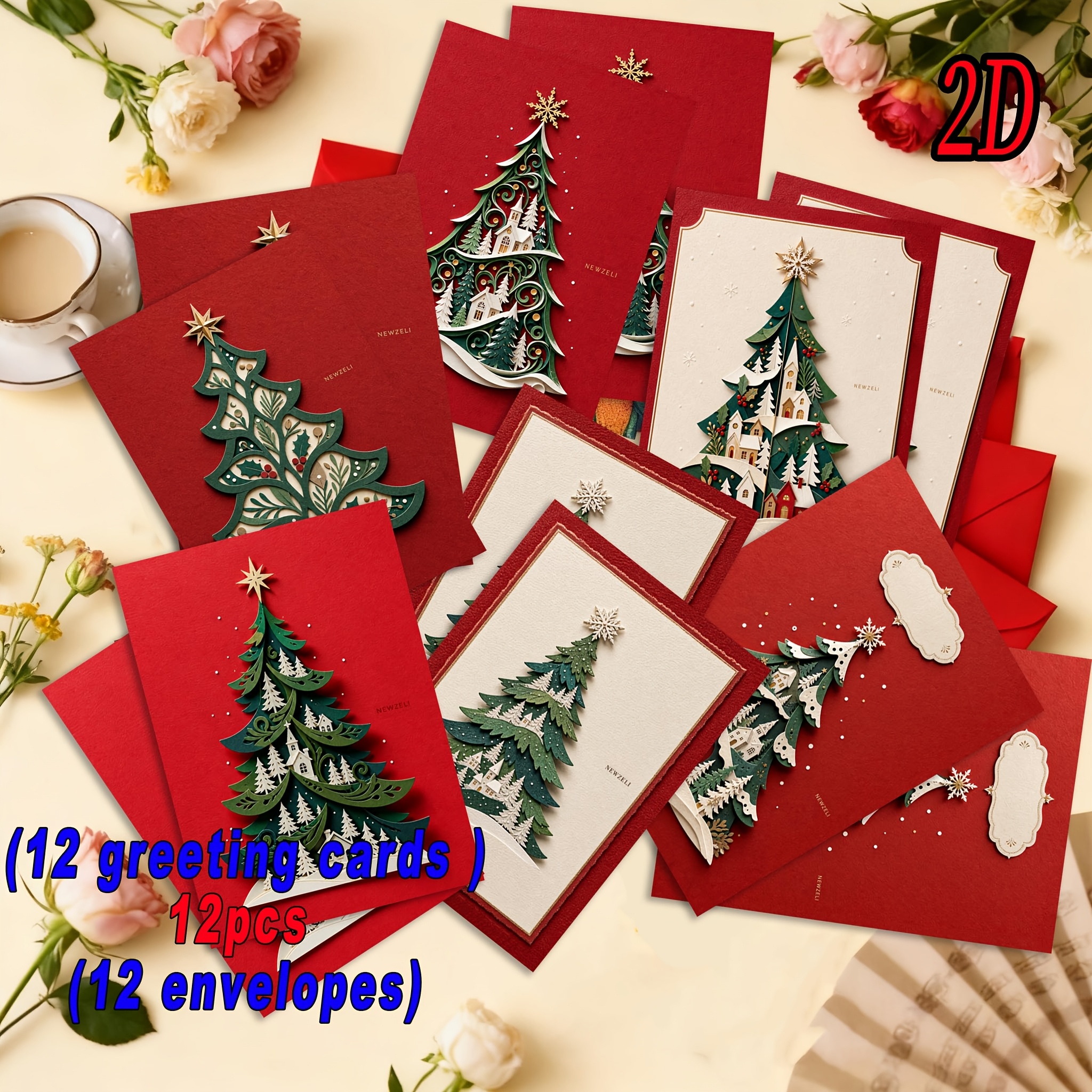 TEMU 12pcs (12pcs Greeting Cards And 12pcs Envelopes) Newzeli Design Christmas Tree Theme Greeting Card Set, Includes Greeting Cards And Envelopes.