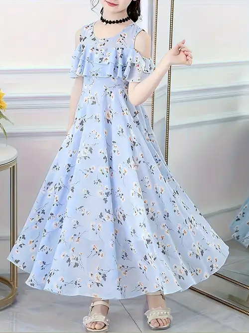 dress floral chiffon polyester White Maxi in Lightweight with Pleated Detail out Each print is custom and unique BLU PEPPER Floral Chiffon Flounce