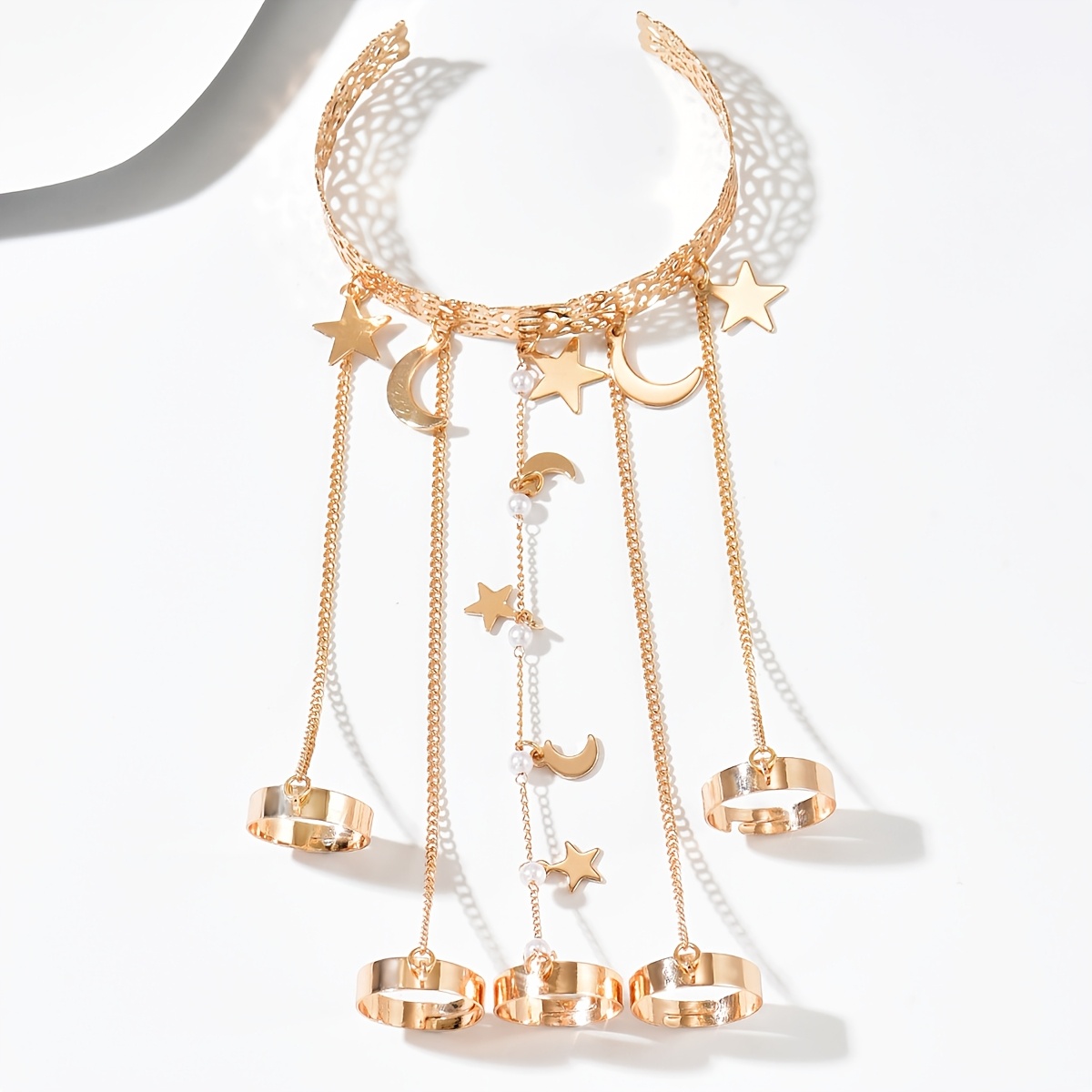 Star-and-Moon Tassel Bracelet Set with Ring and Pendant
