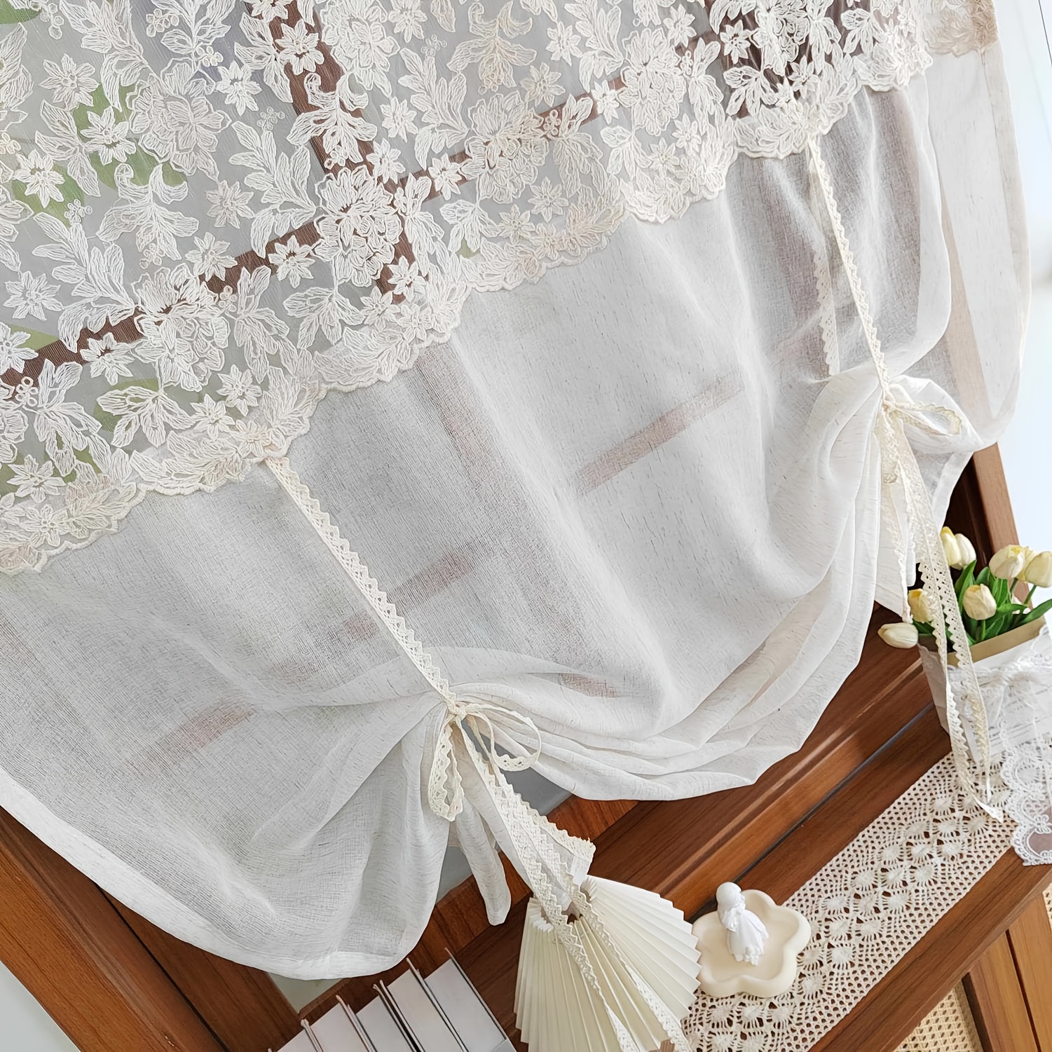 E-shop 1 Panel Schicker Bindevorhang für Küche, Verstellbarer Ballonfenster-Valance, Bestickte Spitze, Hebbarer Halbvorhang für Esszimmer, Schiebetür,
