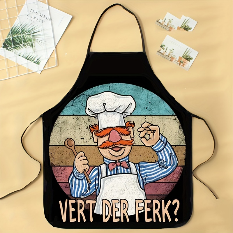 

1pc Unisex Apron, Polyester 100% Woven Fabric, /m², Chef Cartoon Design With "vert Der " Slogan, Cooking & Baking Apron For Home Use