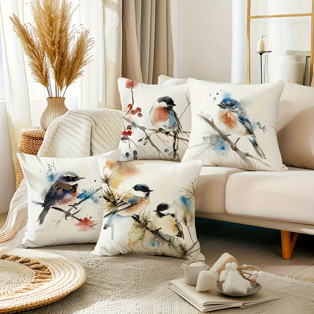

4pcs Set Rustic Watercolor Bird Throw Pillow Covers - Comfortable All-season Linen Blend, Invisible Zipper, 18x18" - Perfect For Sofa, Patio & Living Room Decor