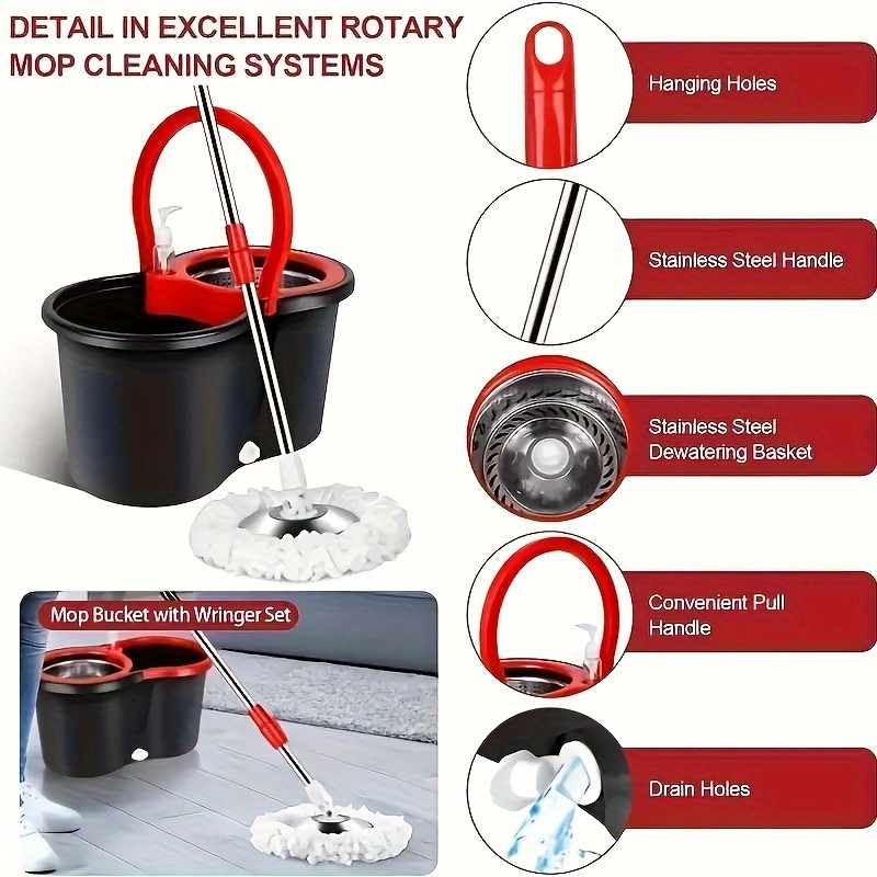 set with 2 microfiber mop heads 360 rotating mop and bucket set stainless steel handle dual wet and dry floor cleaning kit plastic material for home and office use ideal for living room bedroom bathroom toilet kitchen cleaning details 4