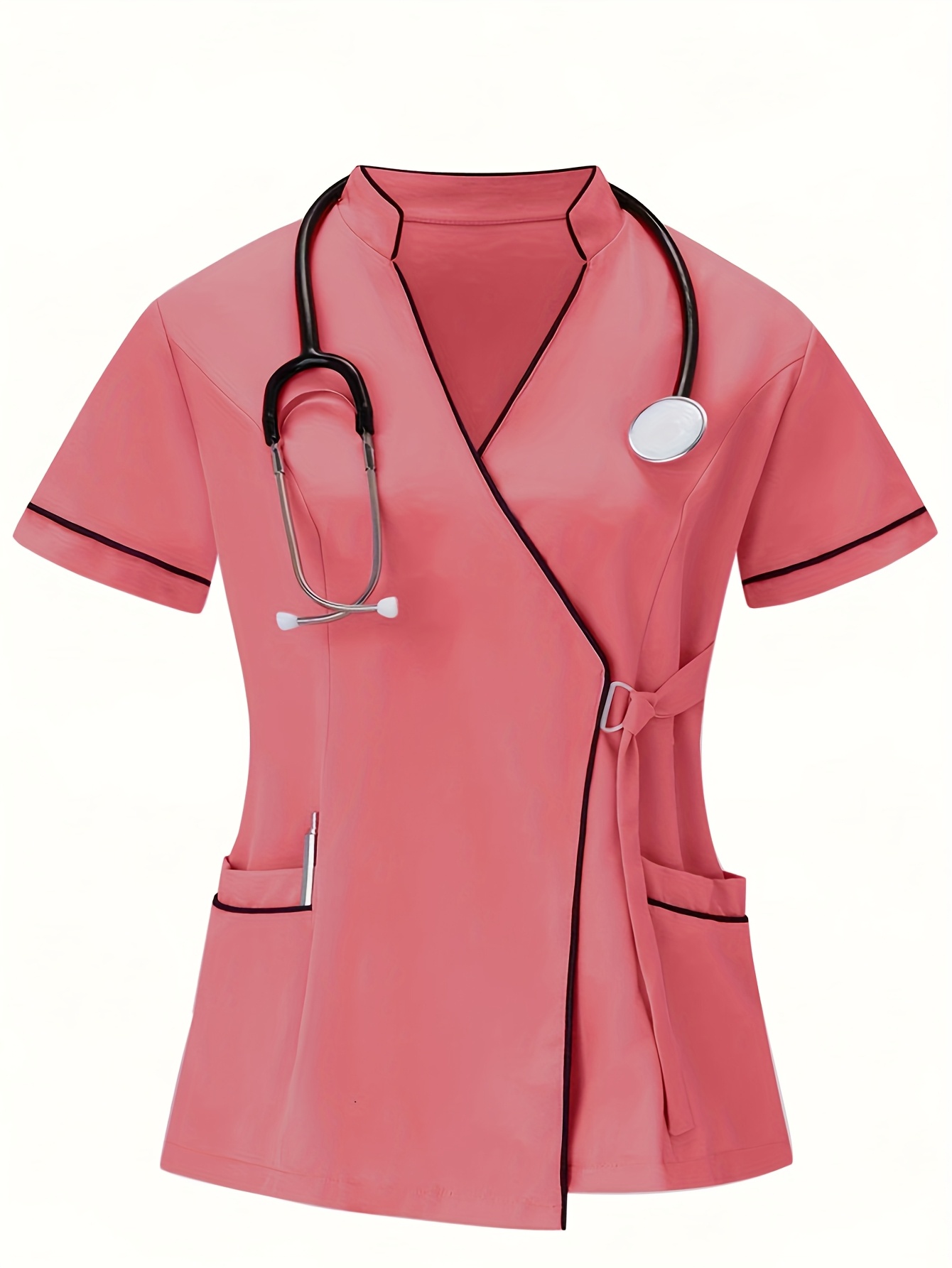 's Scrubs Uniform Pink Nursing Workwear with White Collar Stethoscope  Pocket *-Fit A-Line Short Sleeve Dress-like Top, Belted Waist (Machine W