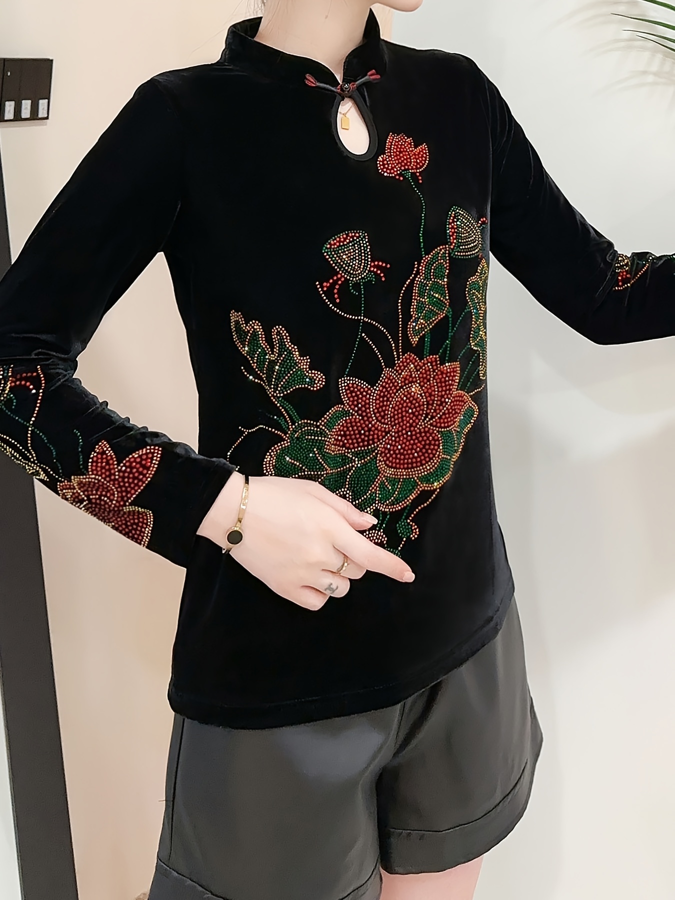 blusa terciopelo elástica mujer larga bordado Temu Spain