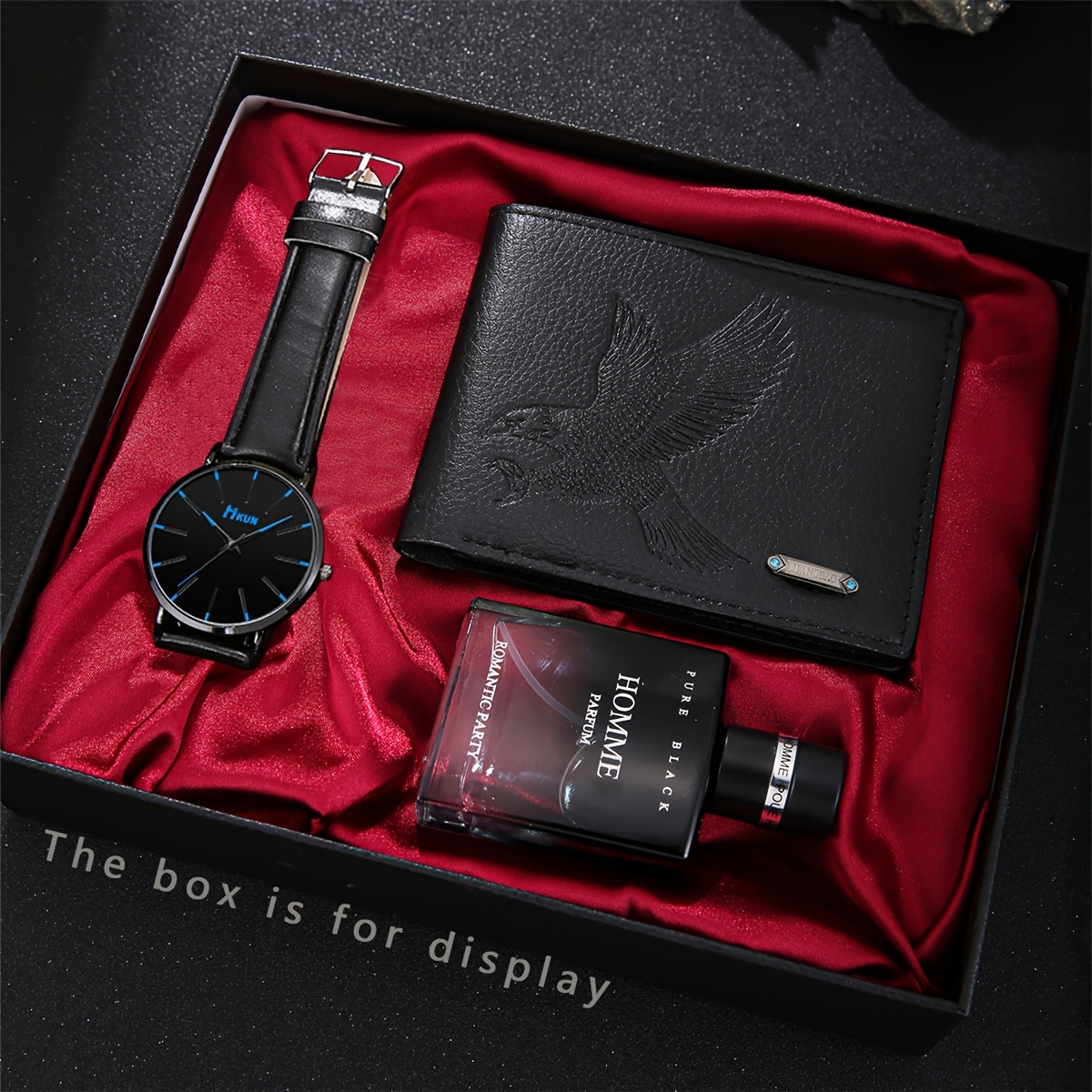 Conjunto de Regalo Elegante para Hombres de 3 Piezas: Reloj de Cuarzo Deportivo con Correa de Cuero Sintético Negro, Cartera Multicapa con Águila & Perfume de Colonia - Ideal para Cumpleaños, Día del Padre & Ocasiones Especiales