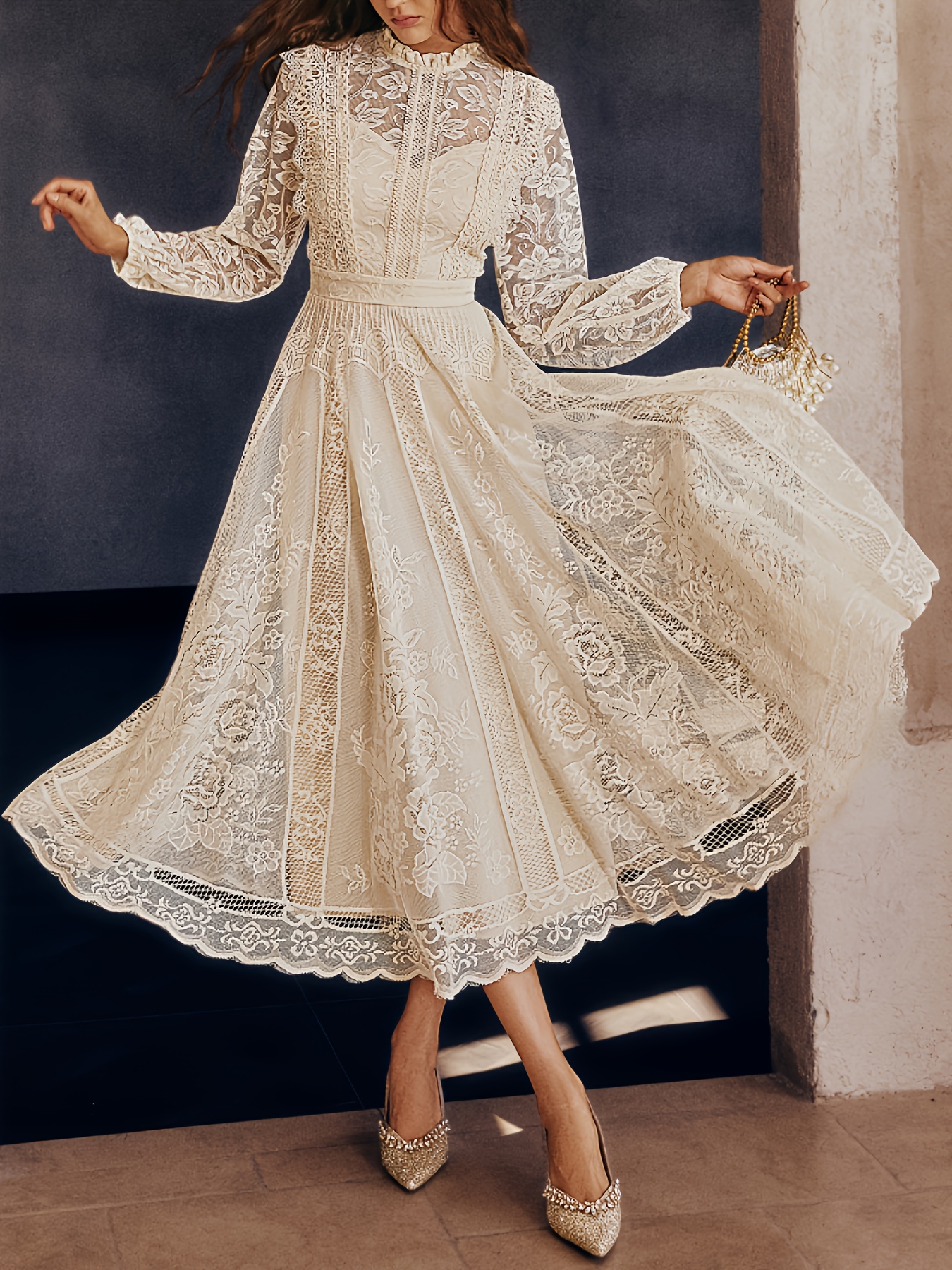 womens elegant formal party wedding dress long sleeve lace Temu