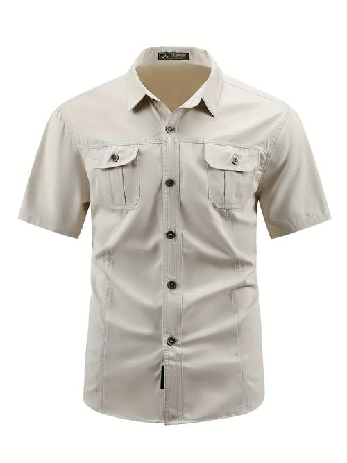 mens casual cargo short sleeve shirt with button pockets solid color non stretch fabric regular fit for weekend casual wear