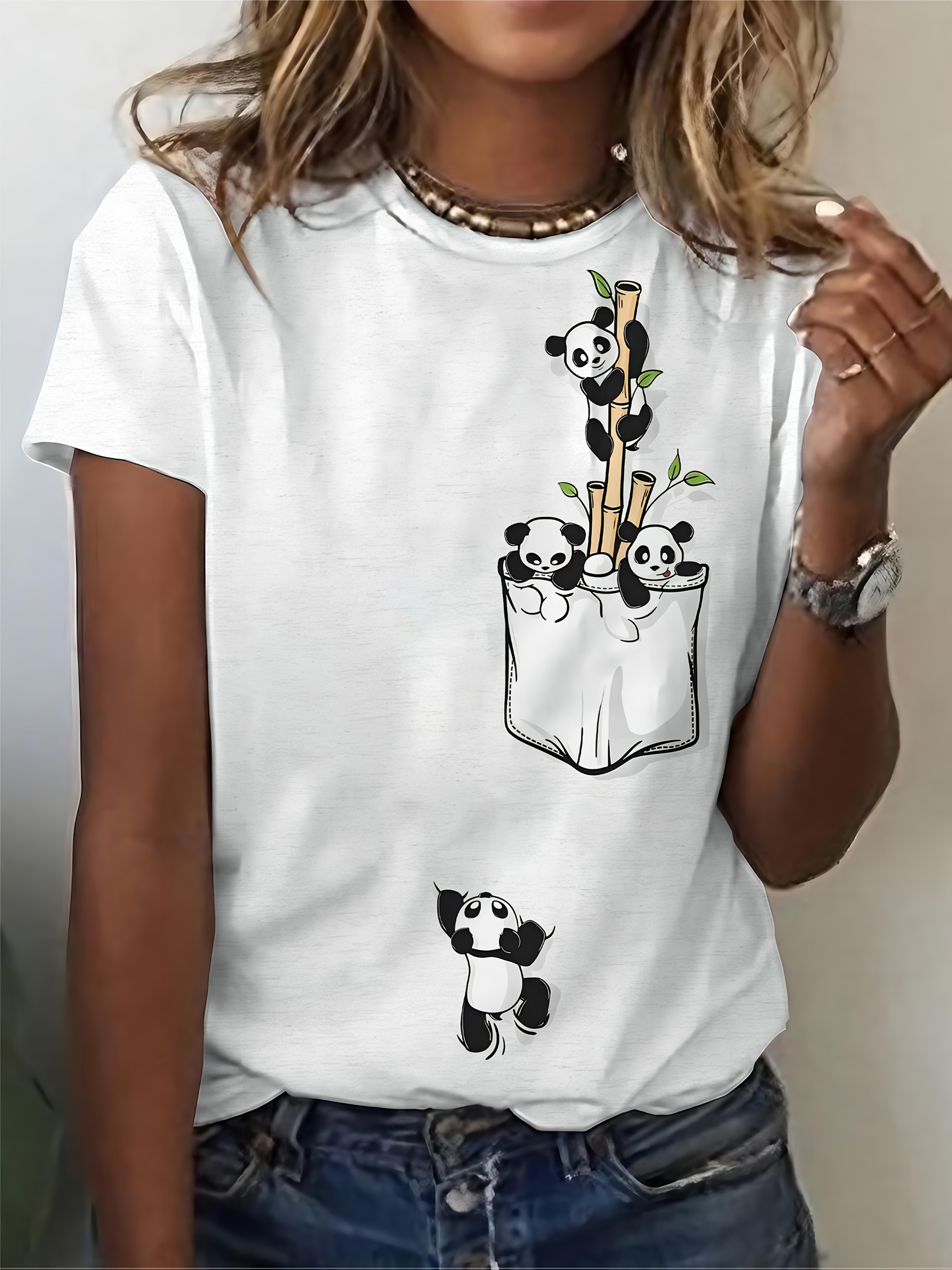 Women's Casual Elegant Panda Print Crew Neck T-Shirt - Short Sleeve Bamboo Graphic Tee, Soft Breathable Fabric, Machine Washable, Spring Summer Top, Panda Gifts, Casual Attire Shirt, Durable Print Shirt