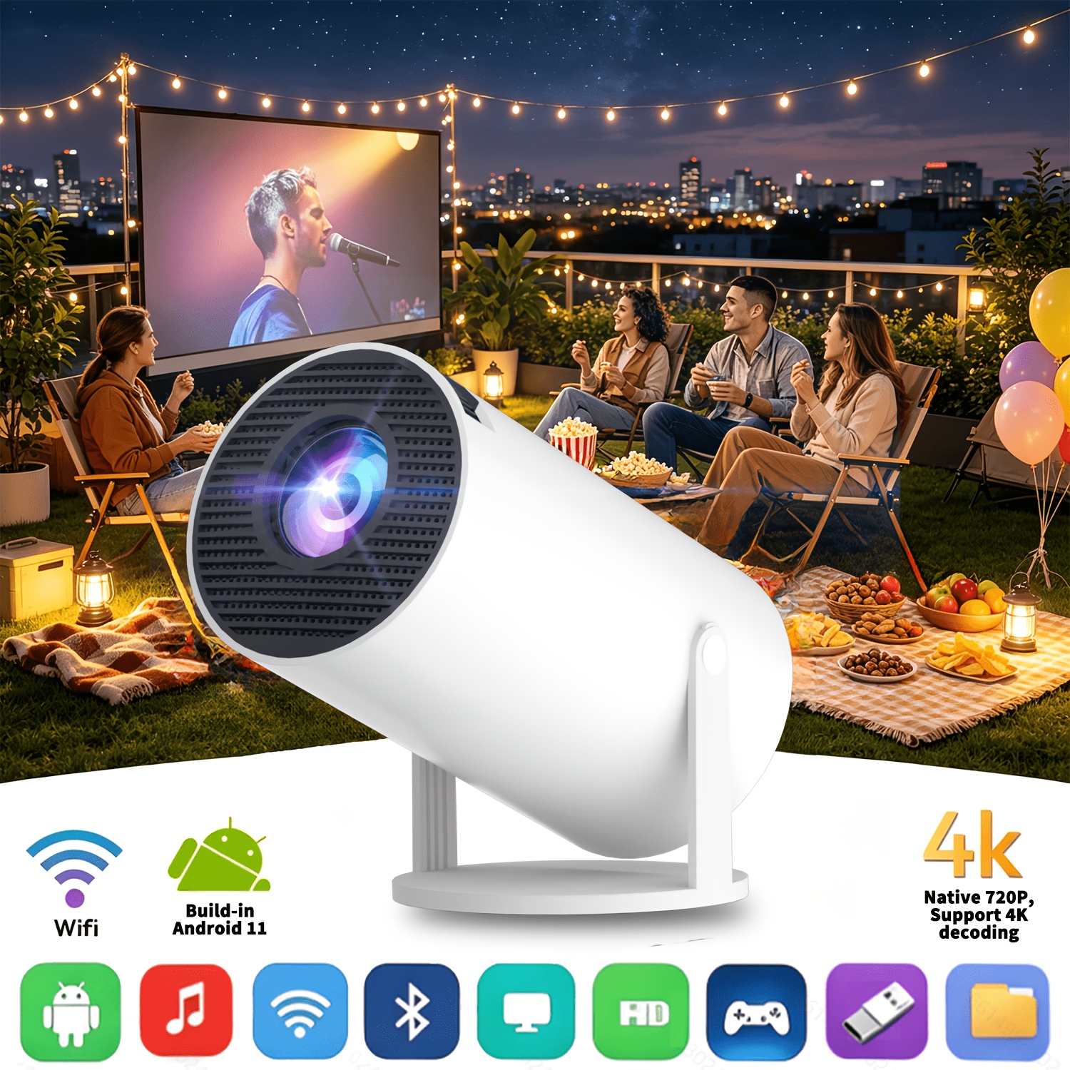 Image of Smart Portable Projector, With 11, Dual Wifi6, 280ansi Brightness, Local 1280x720p Hd, 4k Support, , One-hand Operation, Flexible 180° Projection Angle, Home Theater Mini Projector
