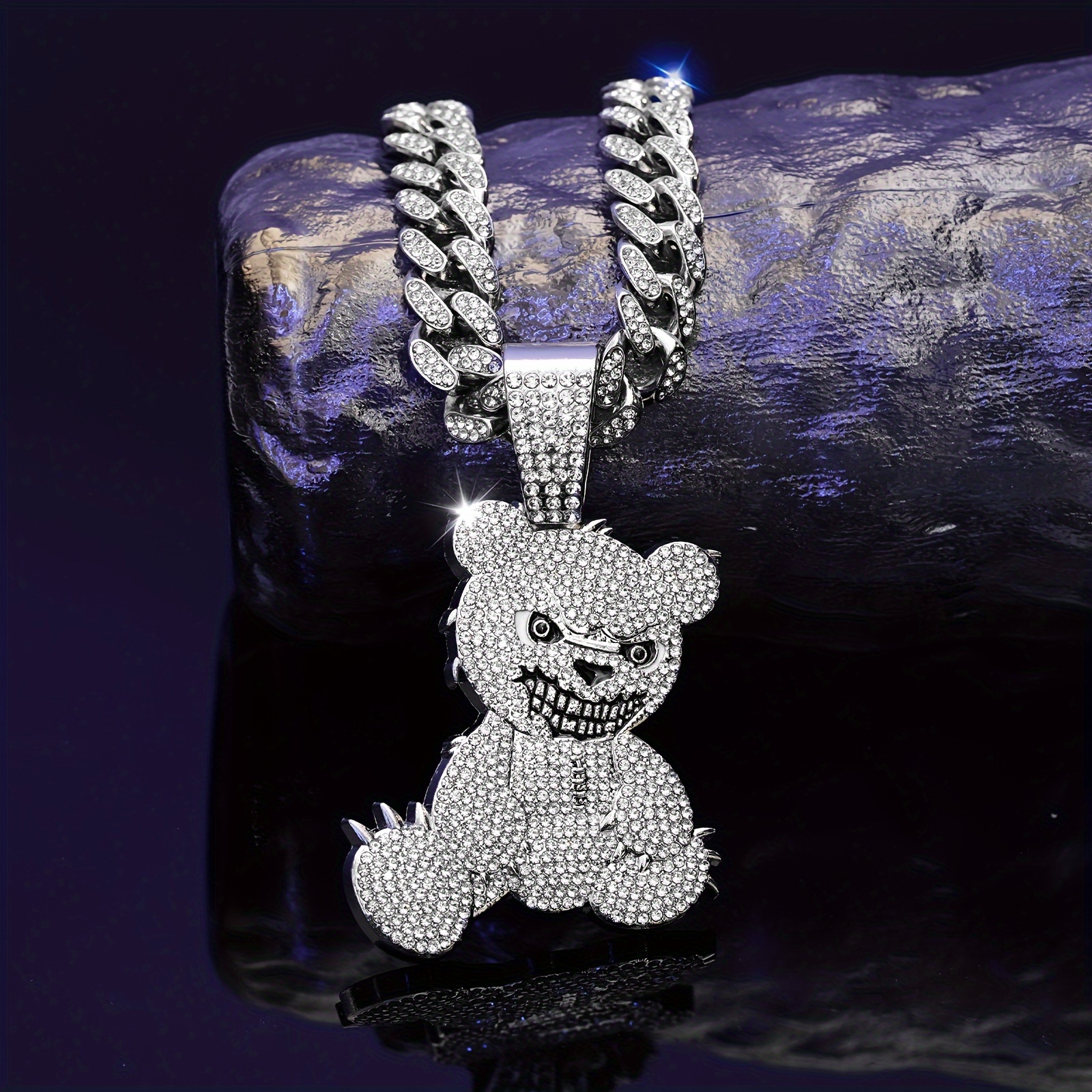 

Men's Fashion Bear Pendant Necklace With Rhinestone Studded Cuban Chain - Hip Hop Street Style Jewelry For Party, Festival Wear, Unisex Gift Idea (includes 1 Pendant)