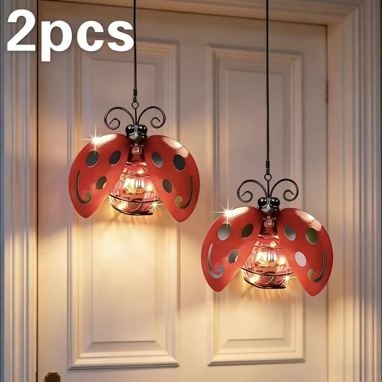 TEMU 2 Solar Courtyard Lights With Red Ladybug Statue Lights For Garden Decoration, Outdoor Garden Solar Lights With Simulated Insect Pendant Lights