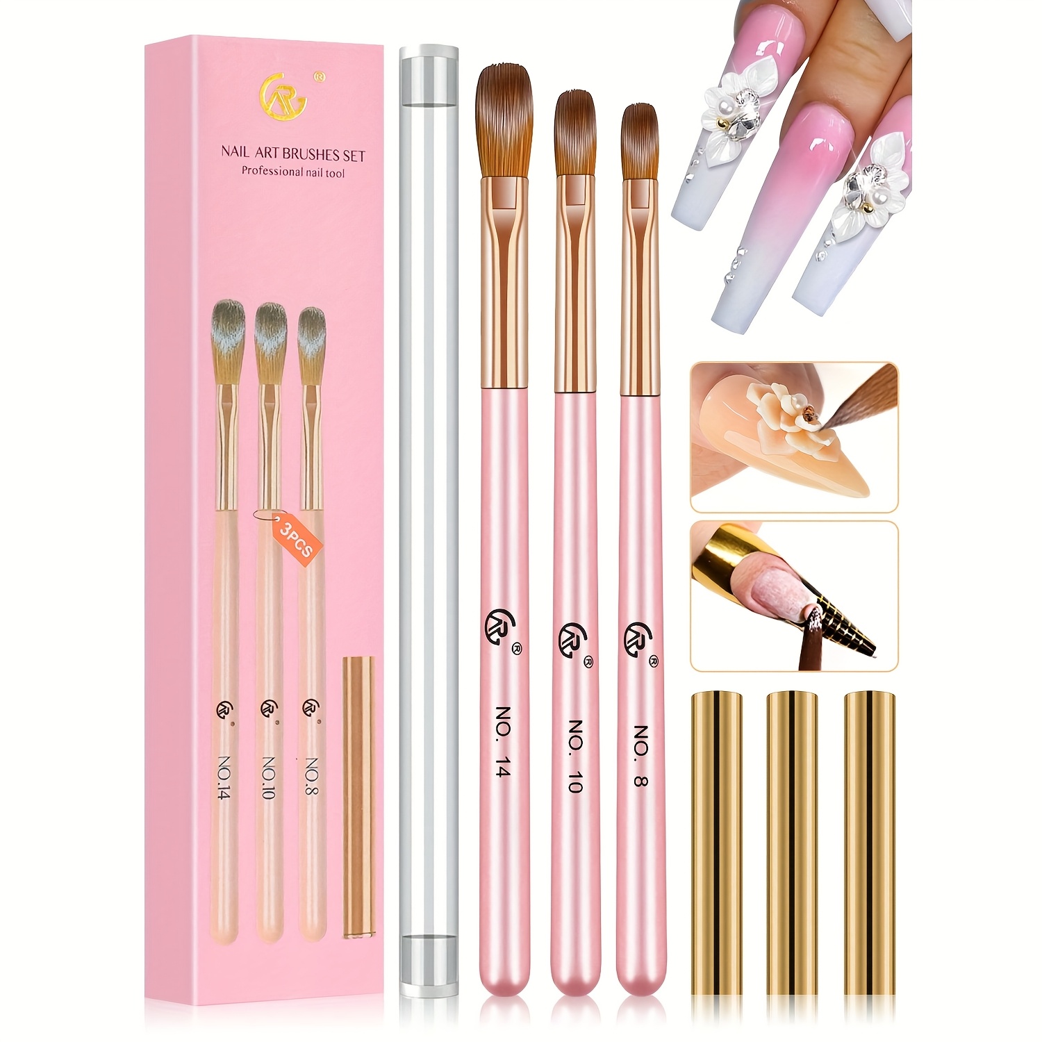 3-teiliges Acryl-Nagelpinsel-Set - Für Acrylpulver, Nagelkunst & Detaillierung, Ergonomische Griffe