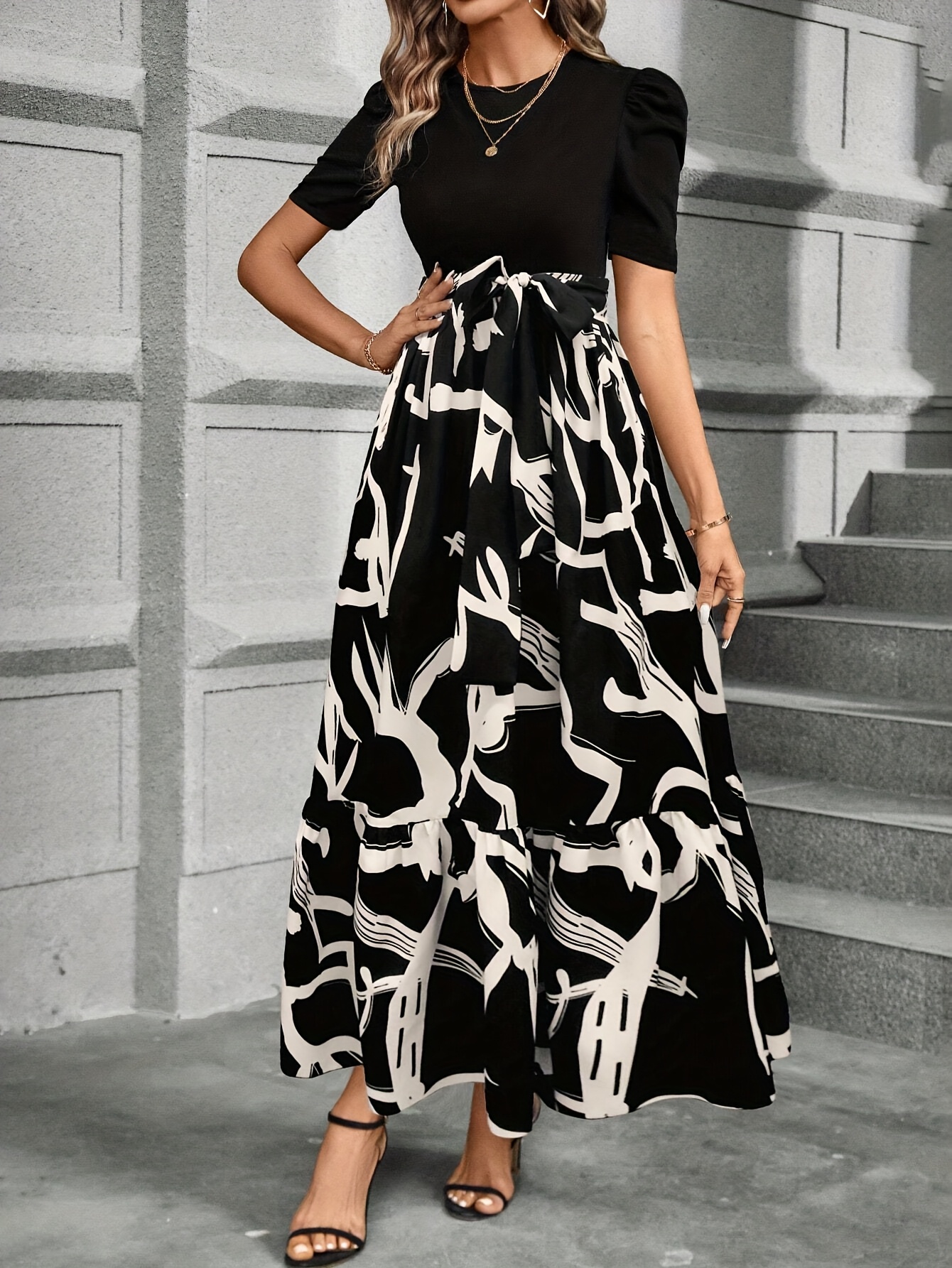 womens elegant black white floral print maxi dress a line - Temu Hungary, image size:800x1066
