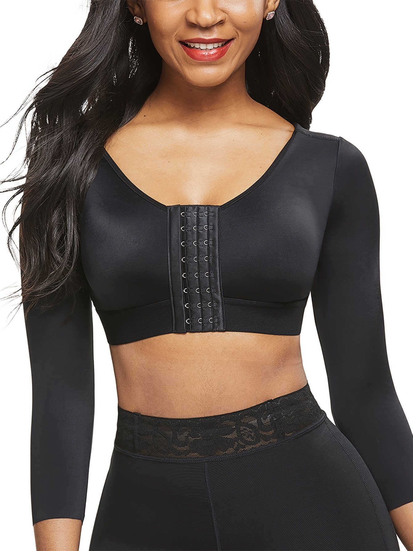 Long Sleeve Shaping Crop Tops, Front Buckle Push Up Open Bust Compression  Top, Women's Underwear & Shapewear