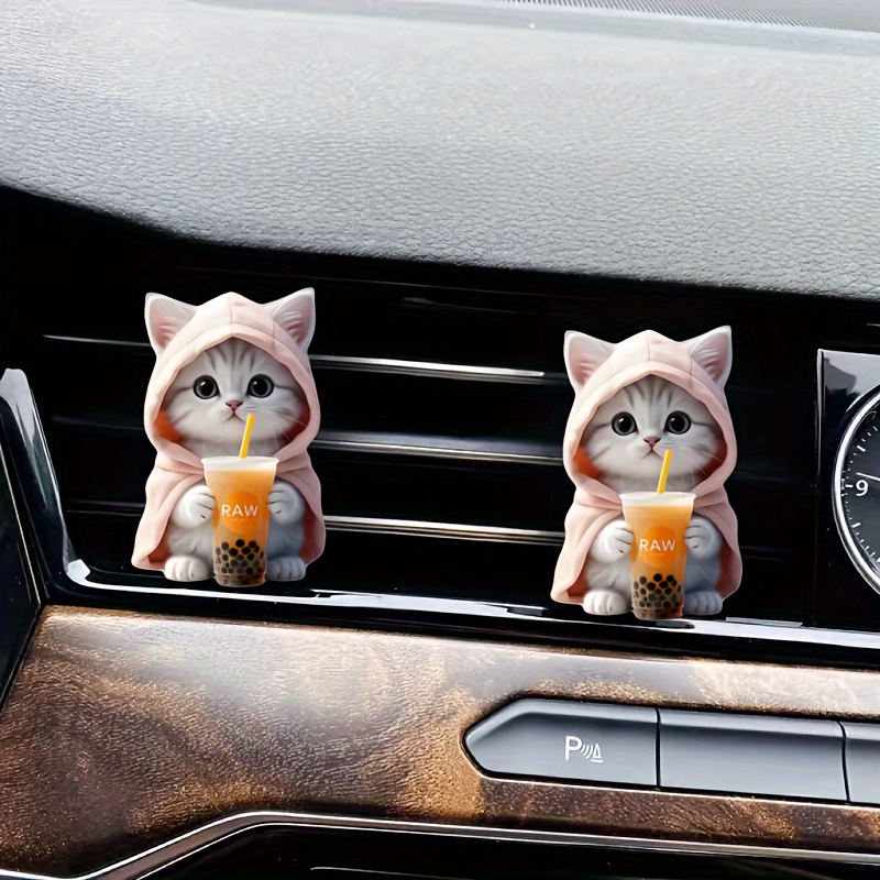 

2-pack Cute Cat Drinking Boba Tea Acrylic Air Freshener Set - Vent Clip Design With Balm/compressed Scent Tablet/incense Stick For Freshening Vehicle Interior, Long-lasting Fragrance